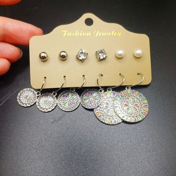 bohemian pearl multicolor round flower earring bundle set - Picture 2 of 4